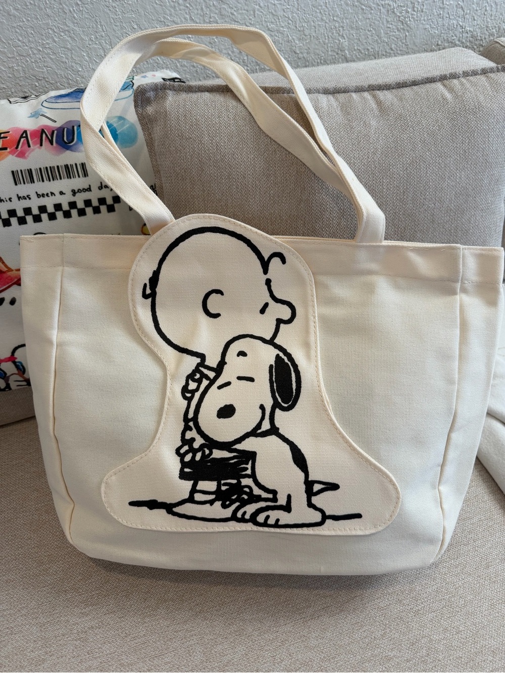 Canvas Tote Bag with Charlie Brown & Snoopy Graphic - Cream